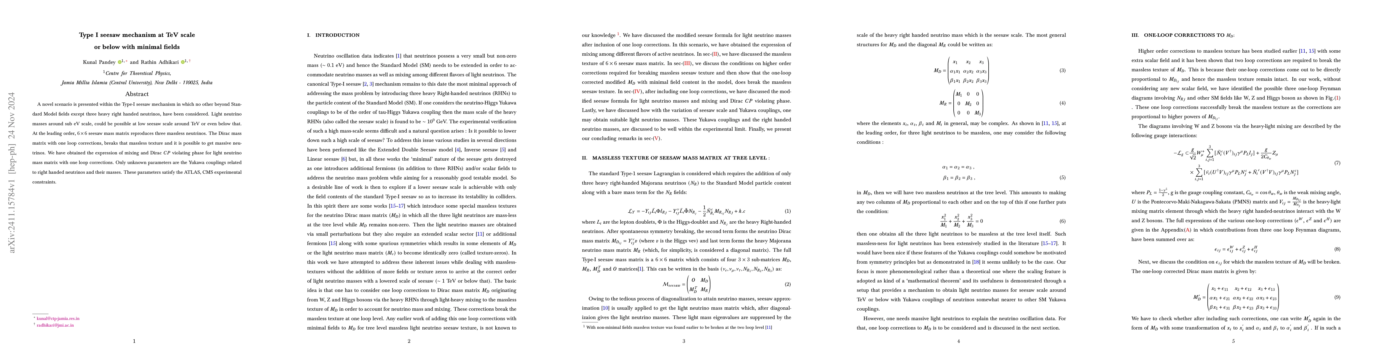 Thumbnail for Type I seesaw mechanism at TeV scale or below with minimal fields
