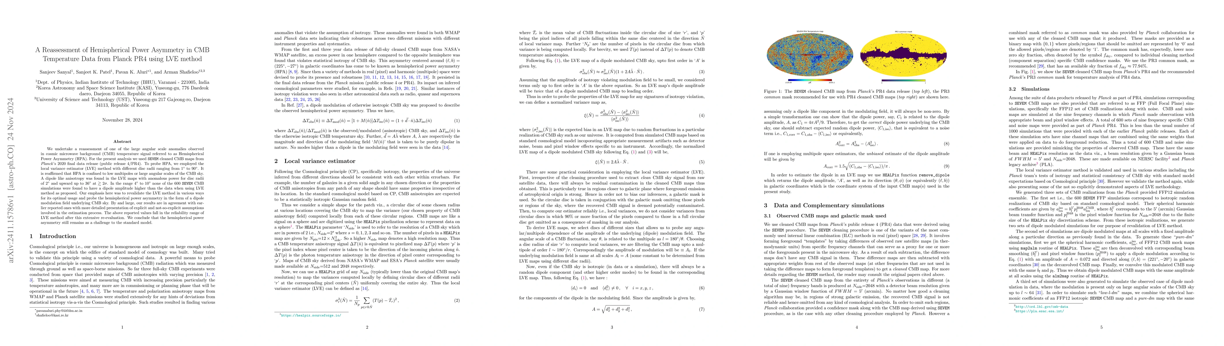 Thumbnail for A Reassessment of Hemispherical Power Asymmetry in CMB Temperature Data
  from Planck PR4 using LVE method