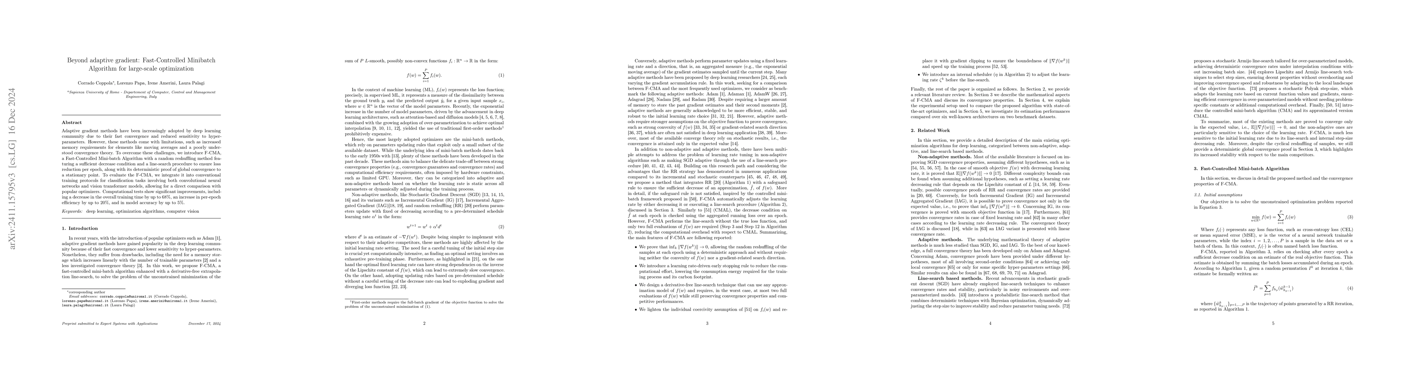 Thumbnail for Beyond adaptive gradient: Fast-Controlled Minibatch Algorithm for
  large-scale optimization