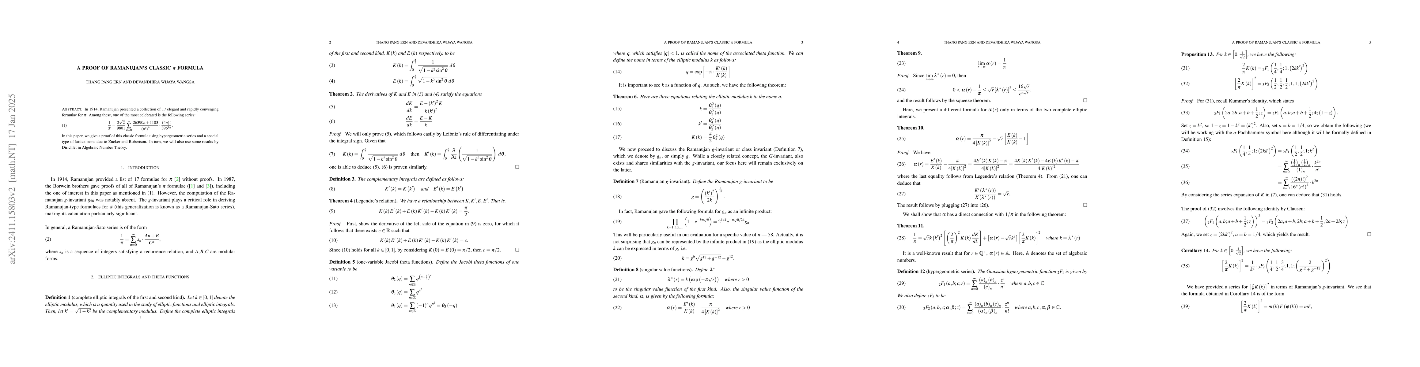 Thumbnail for A Proof of Ramanujan's Classic $π$ Formula