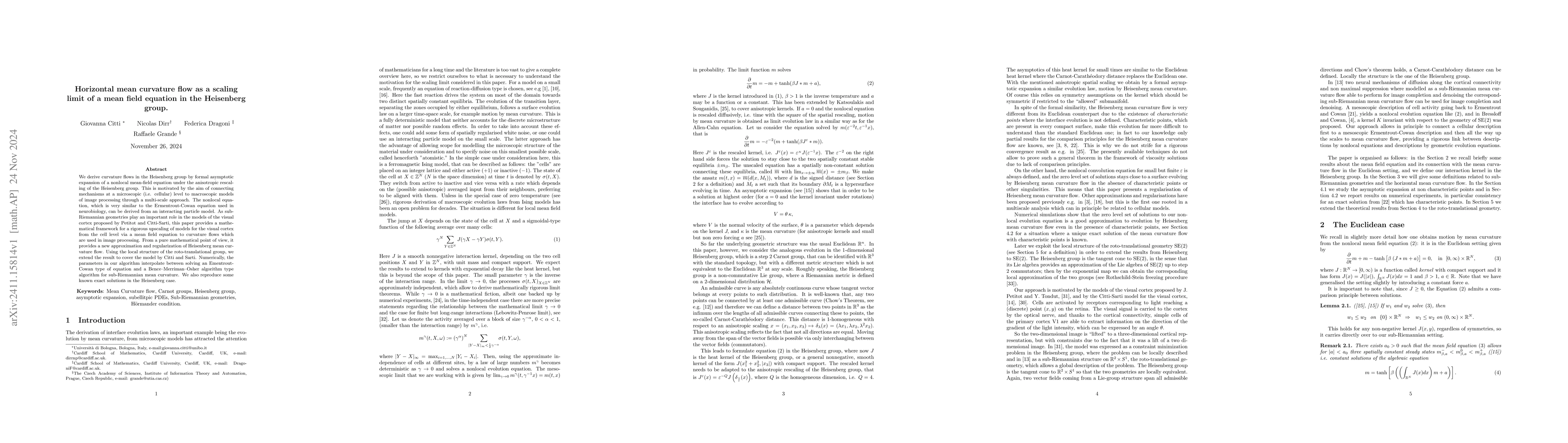 Thumbnail for Horizontal mean curvature flow as a scaling limit of a mean field
  equation in the Heisenberg group
