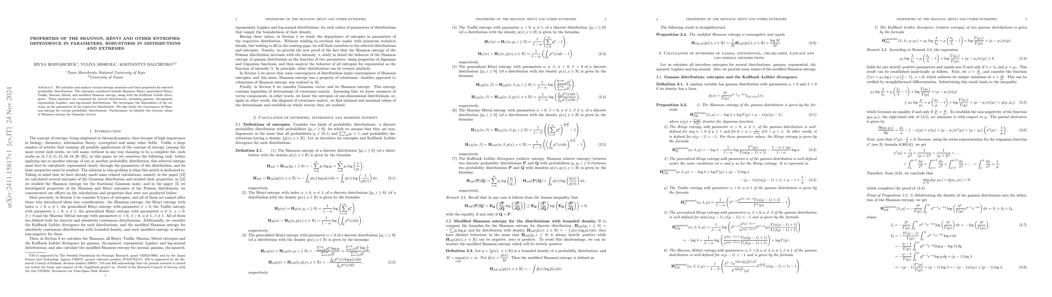 Thumbnail for Properties of the Shannon, Rényi and other entropies: dependence in
  parameters, robustness in distributions and extremes