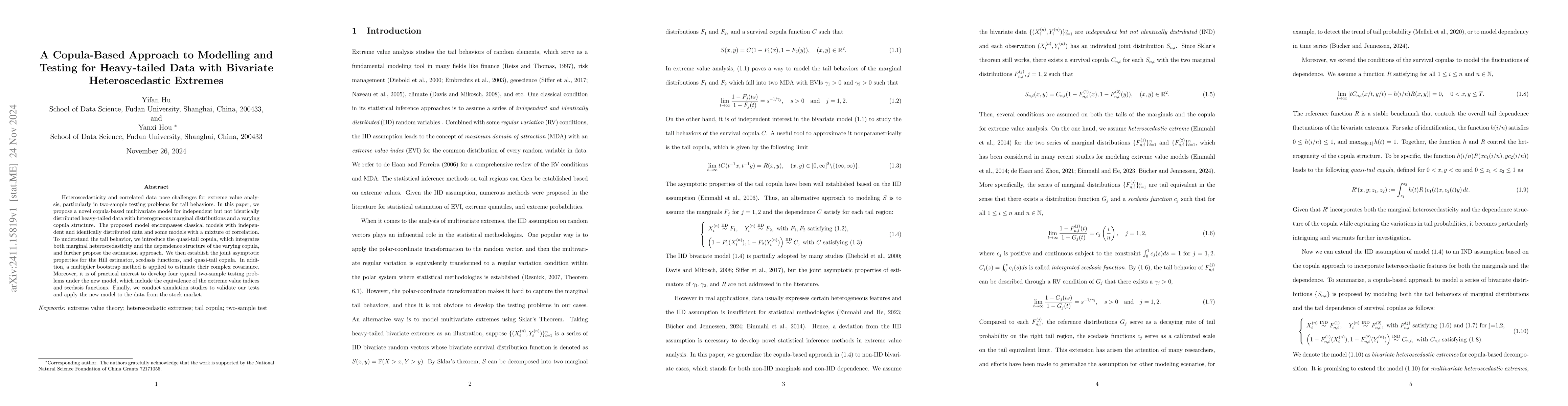 Thumbnail for A Copula-Based Approach to Modelling and Testing for Heavy-tailed Data
  with Bivariate Heteroscedastic Extremes