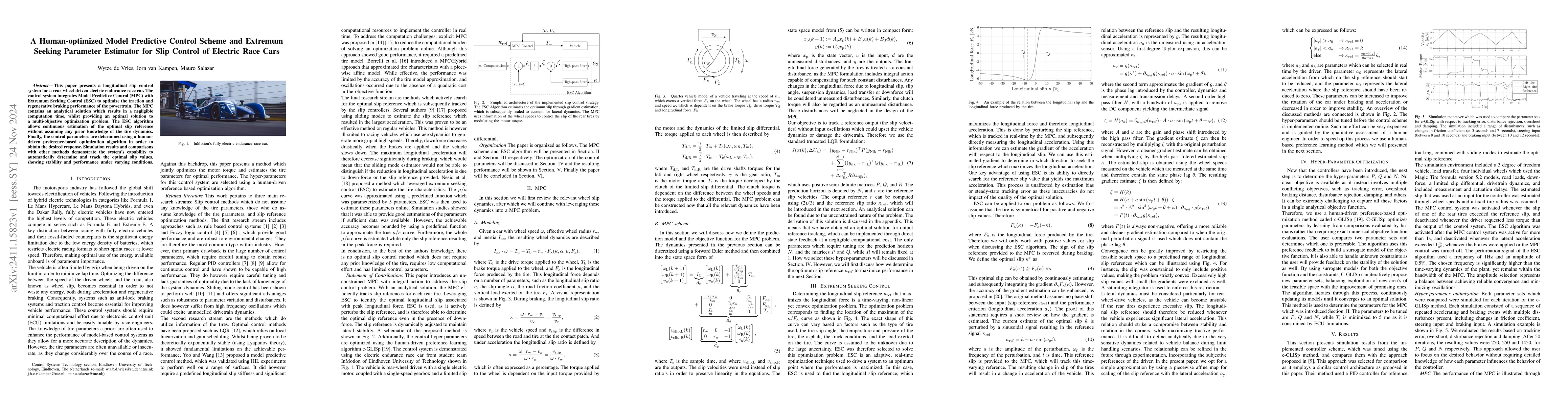 Thumbnail for A Human-optimized Model Predictive Control Scheme and Extremum Seeking
  Parameter Estimator for Slip Control of Electric Race Cars