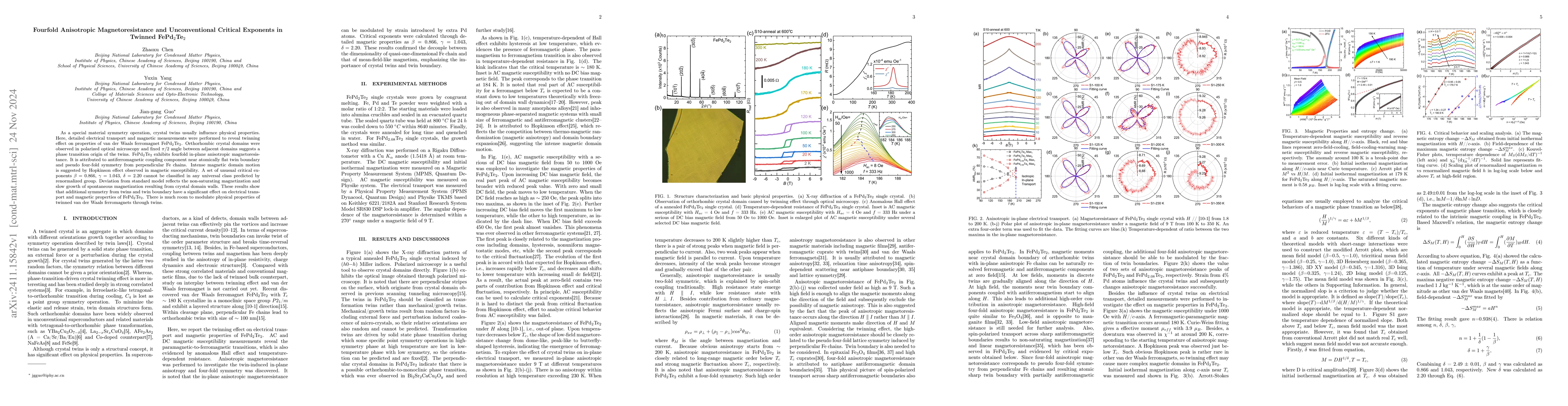 Thumbnail for Fourfold Anisotropic Magnetoresistance and Unconventional Critical
  Exponents in Twinned FePd$_2$Te$_2$