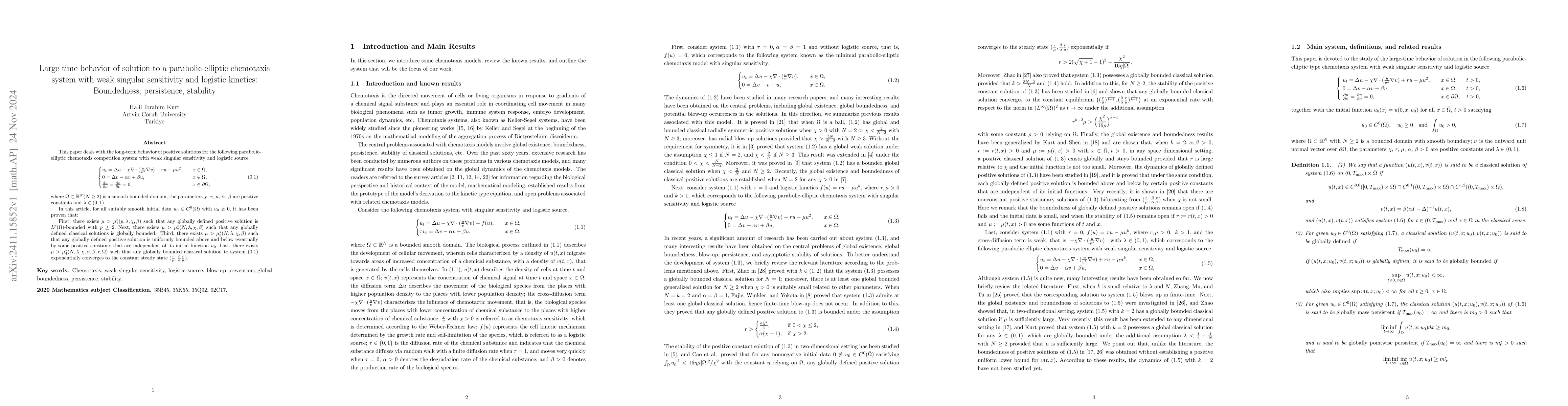 Thumbnail for Large time behavior of solution to a parabolic-elliptic chemotaxis
  system with weak singular sensitivity and logistic kinetics: Boundedness,
  persistence, stability