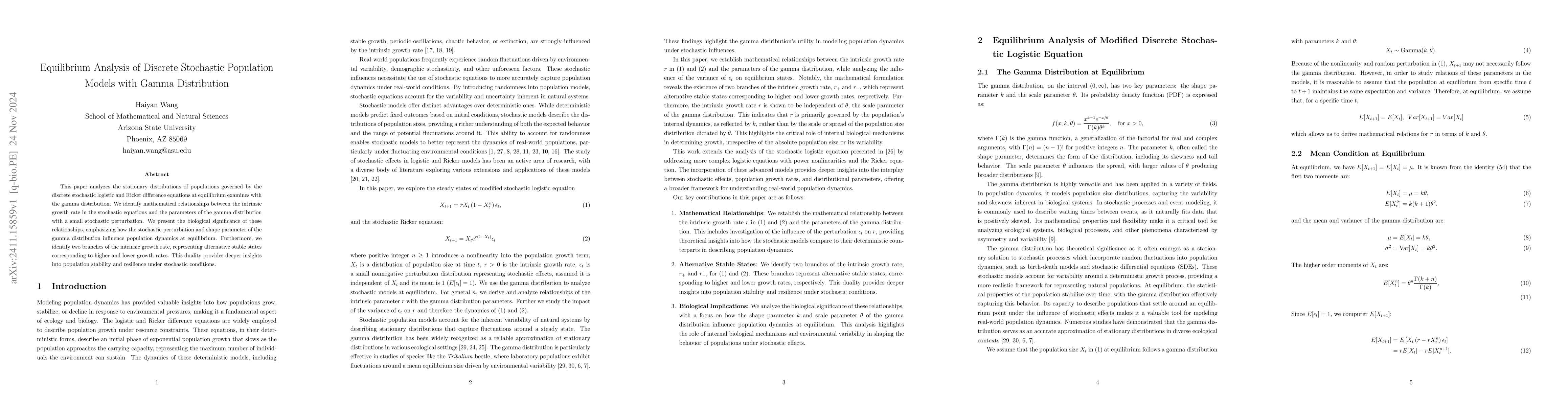 Thumbnail for Equilibrium Analysis of Discrete Stochastic Population Models with Gamma
  Distribution