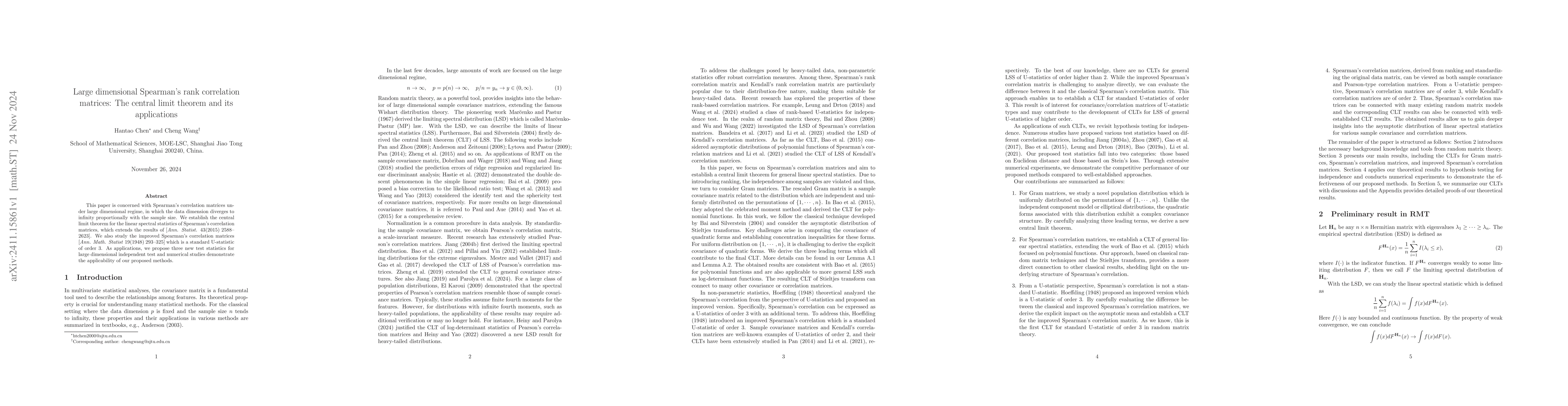 Thumbnail for Large dimensional Spearman's rank correlation matrices: The central
  limit theorem and its applications