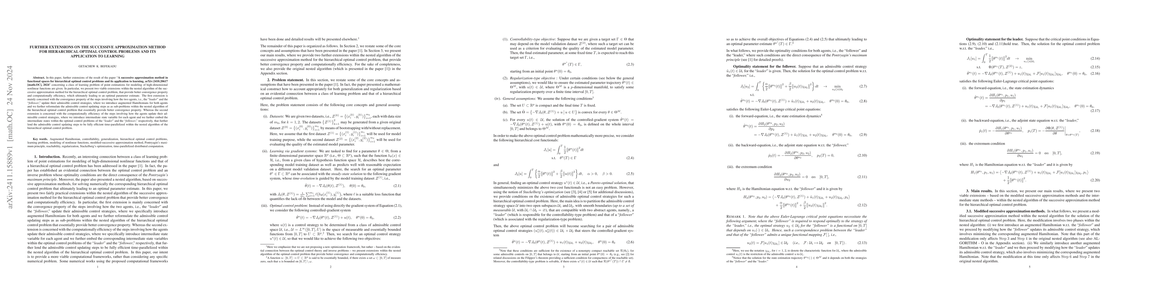 Thumbnail for Further extensions on the successive approximation method for
  hierarchical optimal control problems and its application to learning