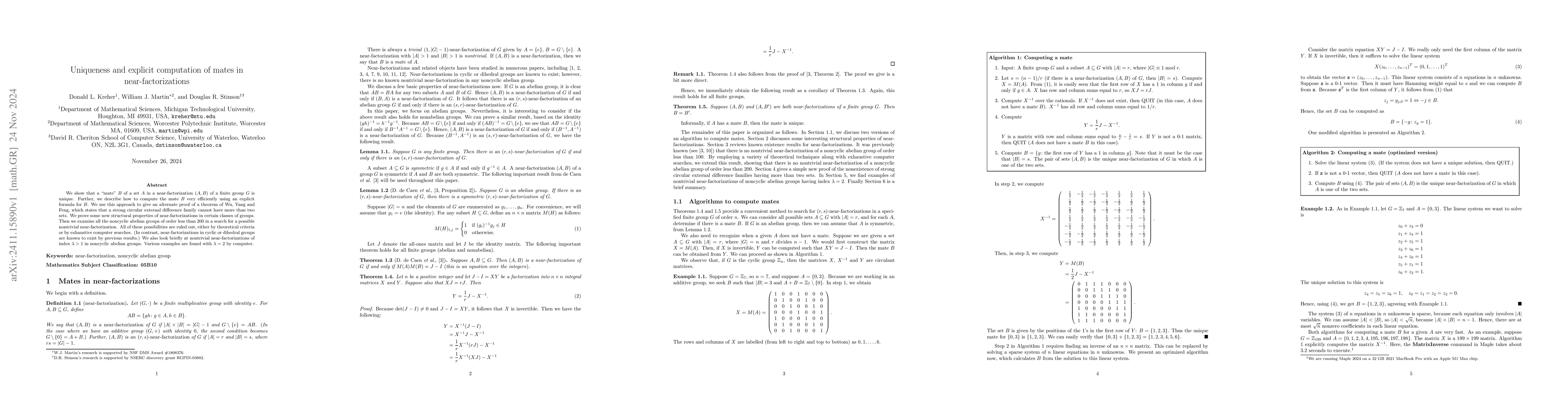 Thumbnail for Uniqueness and explicit computation of mates in near-factorizations