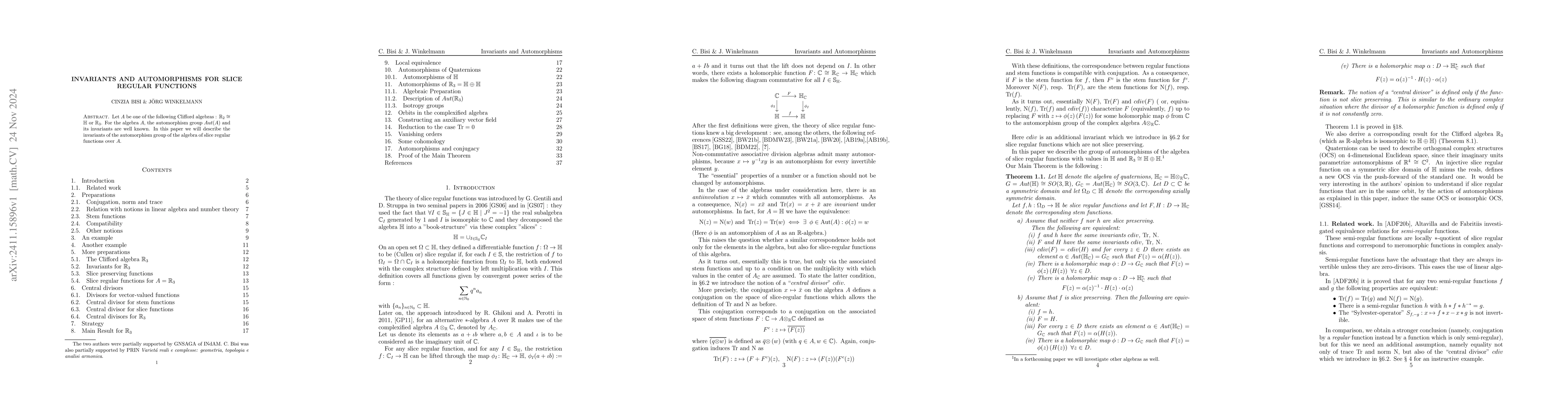 Thumbnail for Invariants and Automorphisms for slice regular functions