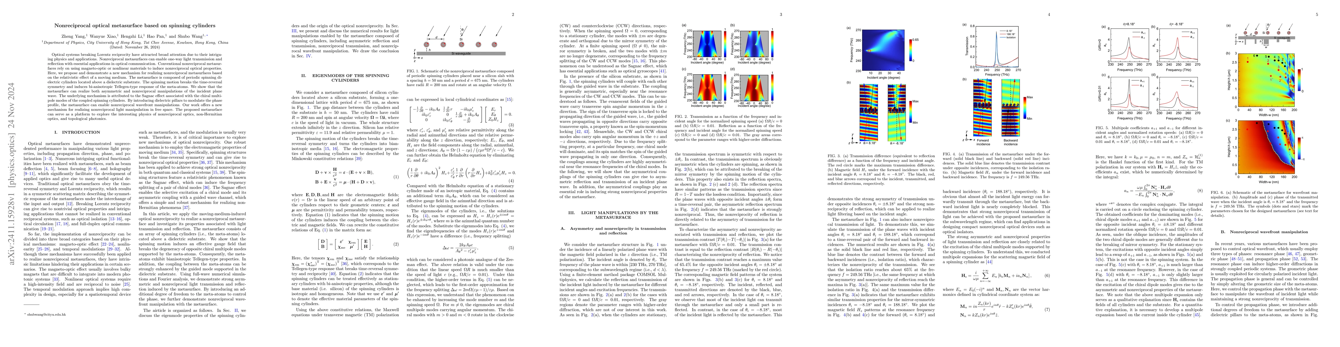 Thumbnail for Nonreciprocal optical metasurface based on spinning cylinders