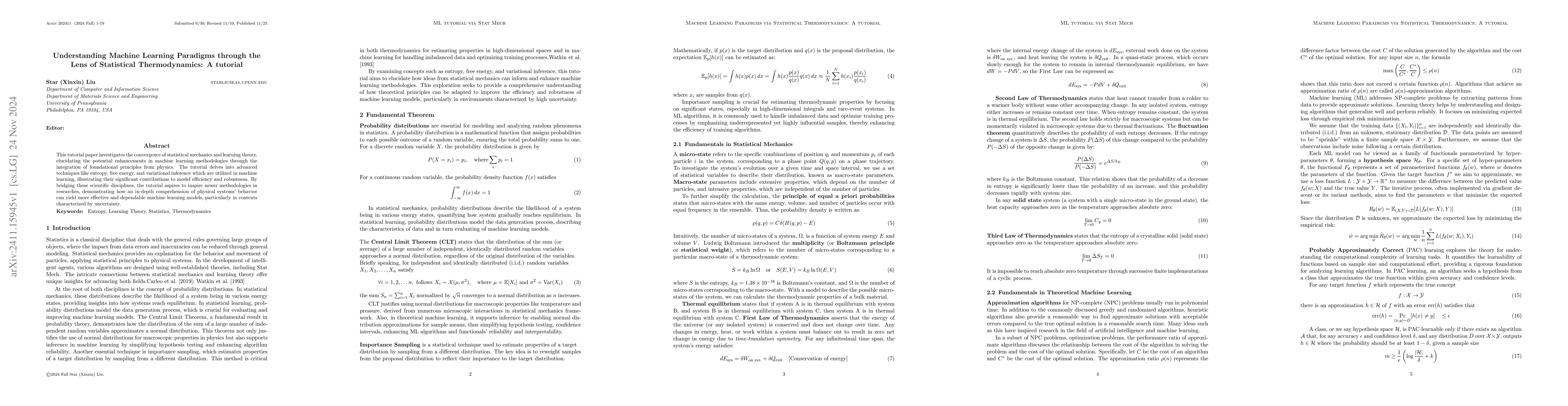 Thumbnail for Understanding Machine Learning Paradigms through the Lens of Statistical
  Thermodynamics: A tutorial
