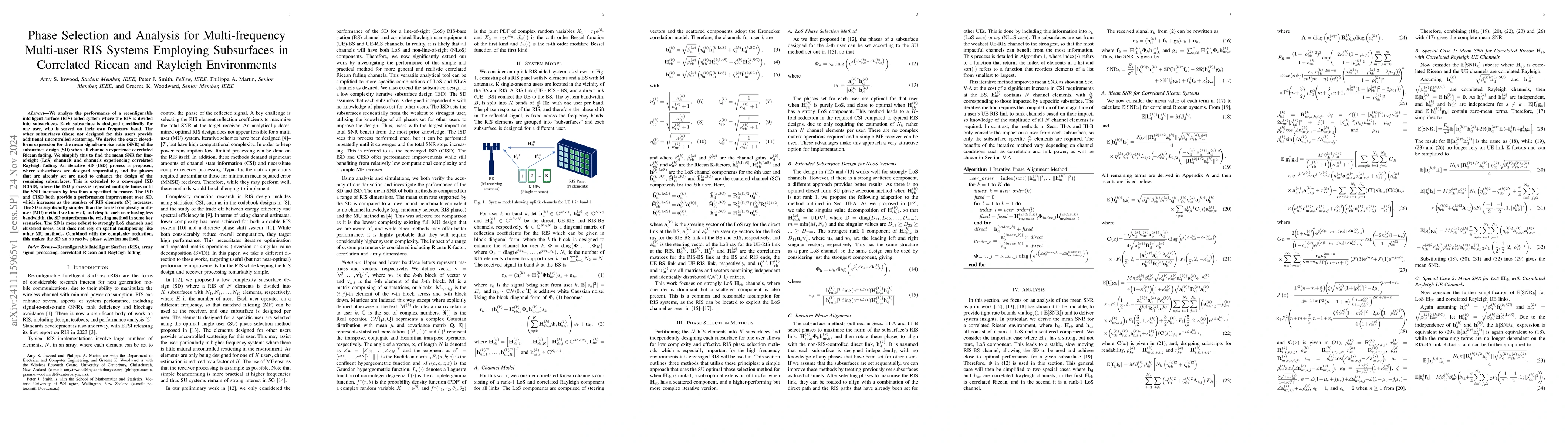 Thumbnail for Phase Selection and Analysis for Multi-frequency Multi-user RIS Systems
  Employing Subsurfaces in Correlated Ricean and Rayleigh Environments