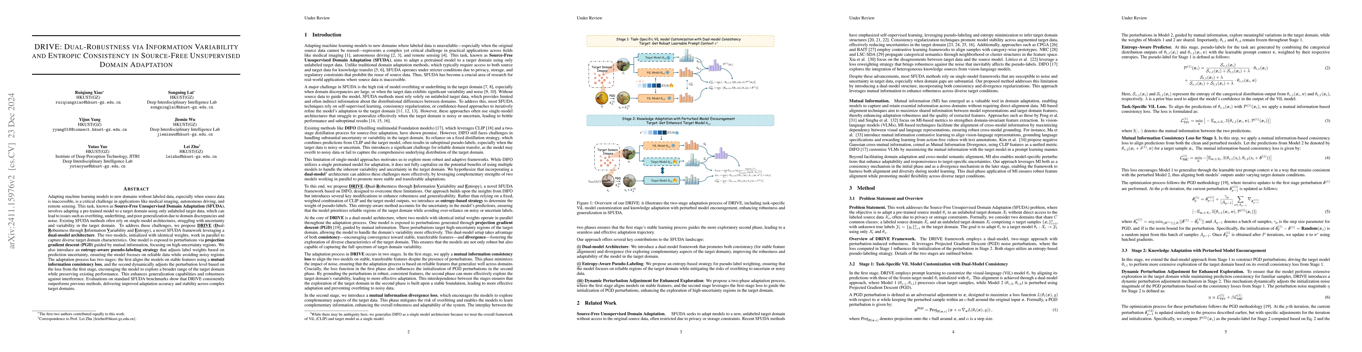 Thumbnail for DRIVE: Dual-Robustness via Information Variability and Entropic
  Consistency in Source-Free Unsupervised Domain Adaptation