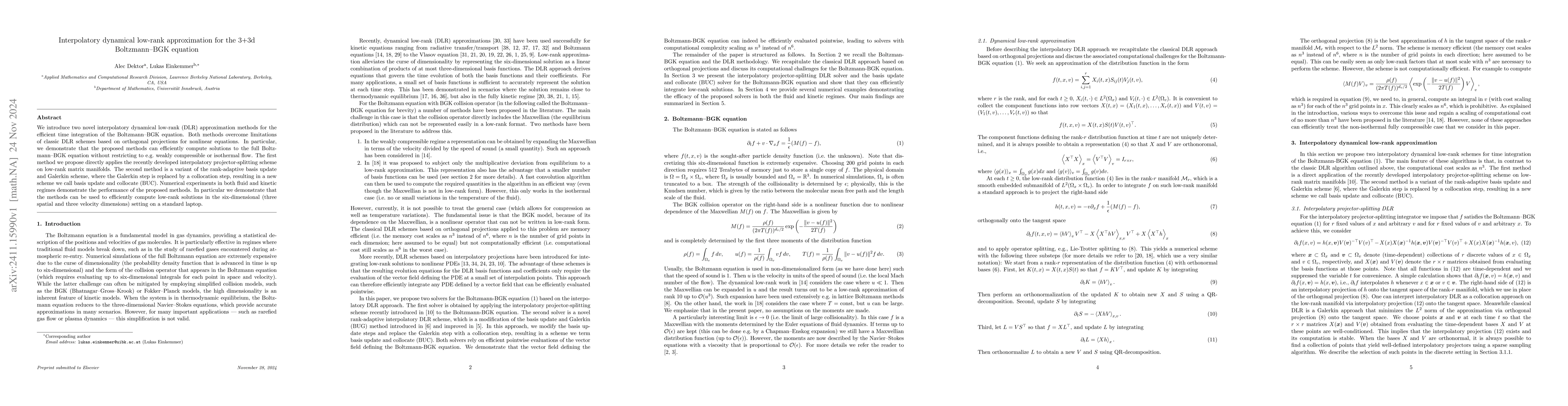 Thumbnail for Interpolatory dynamical low-rank approximation for the 3+3d
  Boltzmann-BGK equation