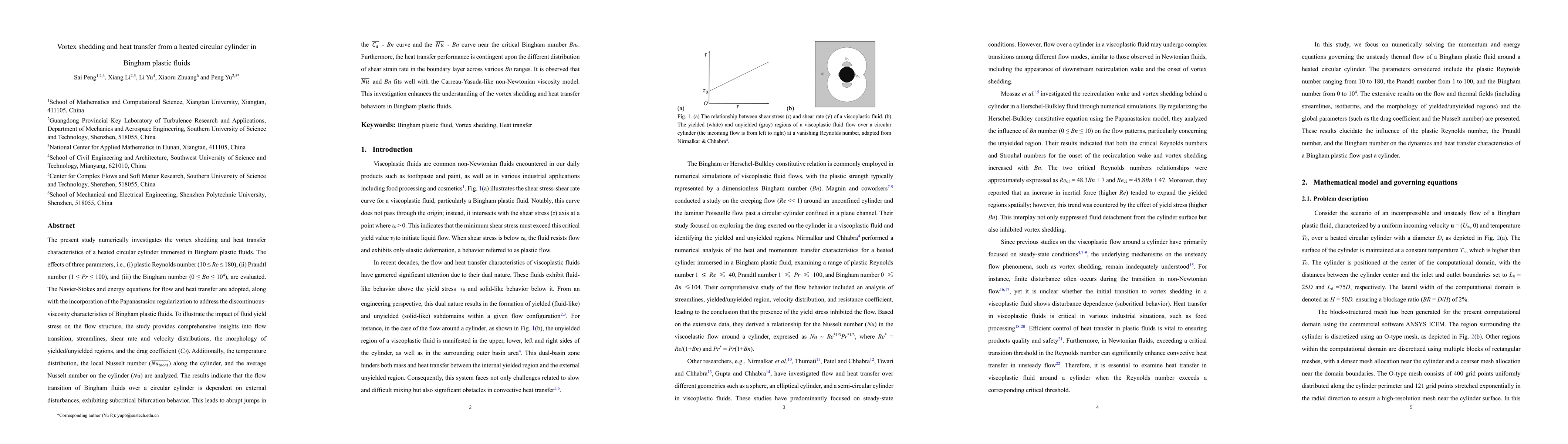 Thumbnail for Vortex shedding and heat transfer from a heated circular cylinder in
  Bingham plastic fluids
