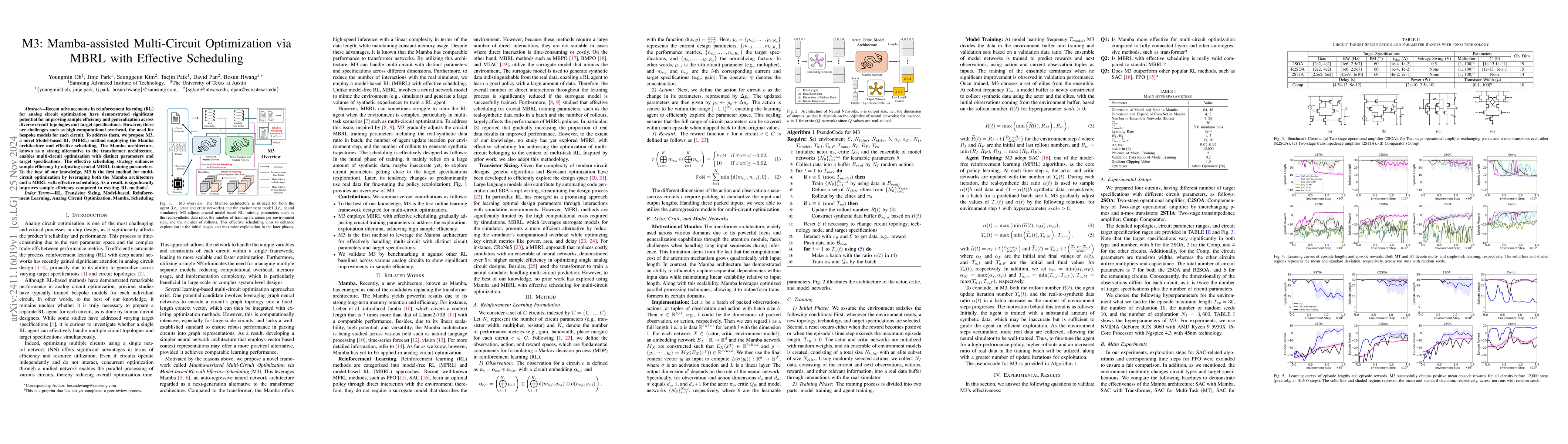 Thumbnail for M3: Mamba-assisted Multi-Circuit Optimization via MBRL with Effective
  Scheduling