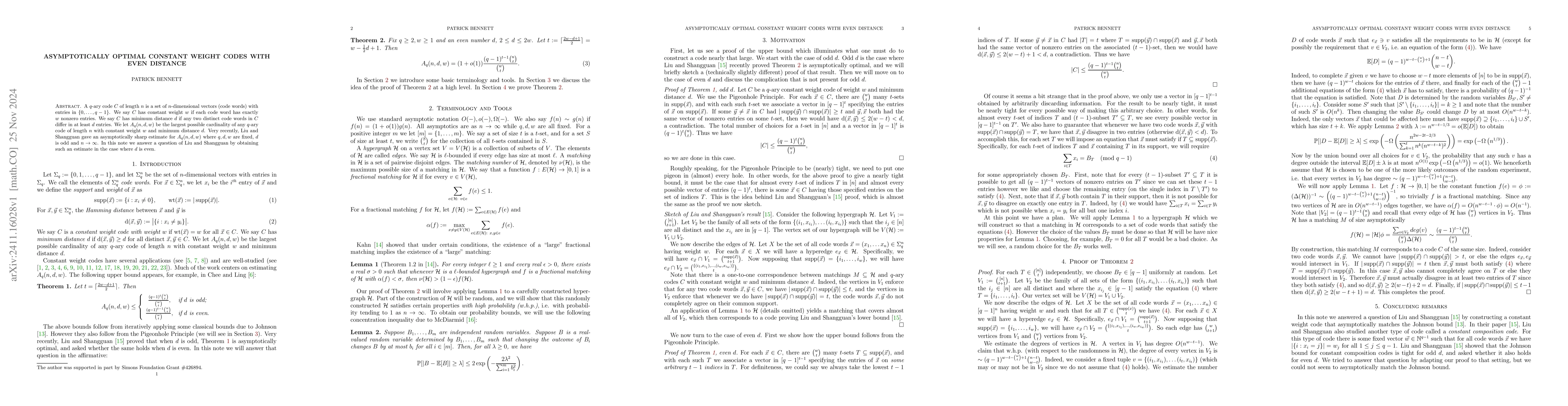 Thumbnail for Asymptotically optimal constant weight codes with even distance