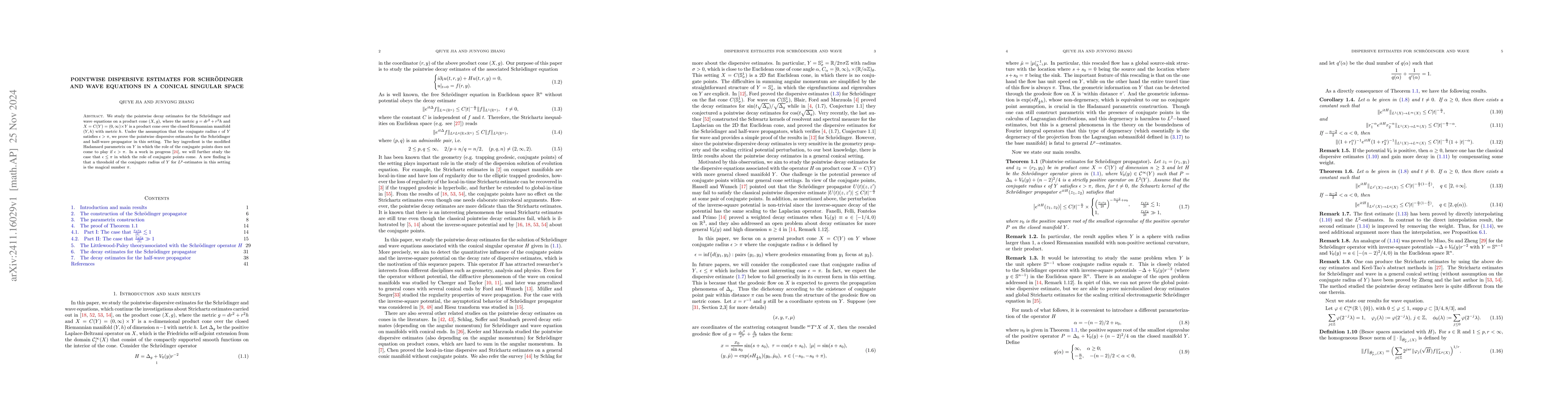 Thumbnail for Pointwise dispersive estimates for Schrodinger and wave equations in a
  conical singular space