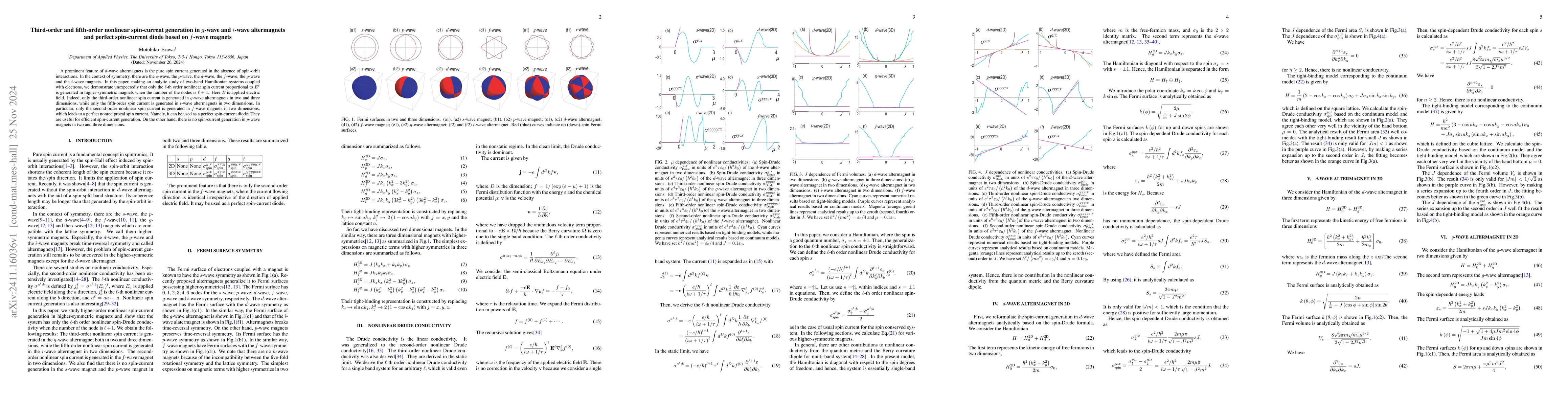 Thumbnail for Third-order and fifth-order nonlinear spin-current generation in
  $g$-wave and $i$-wave altermagnets and perfect spin-current diode based on
  $f$-wave magnets