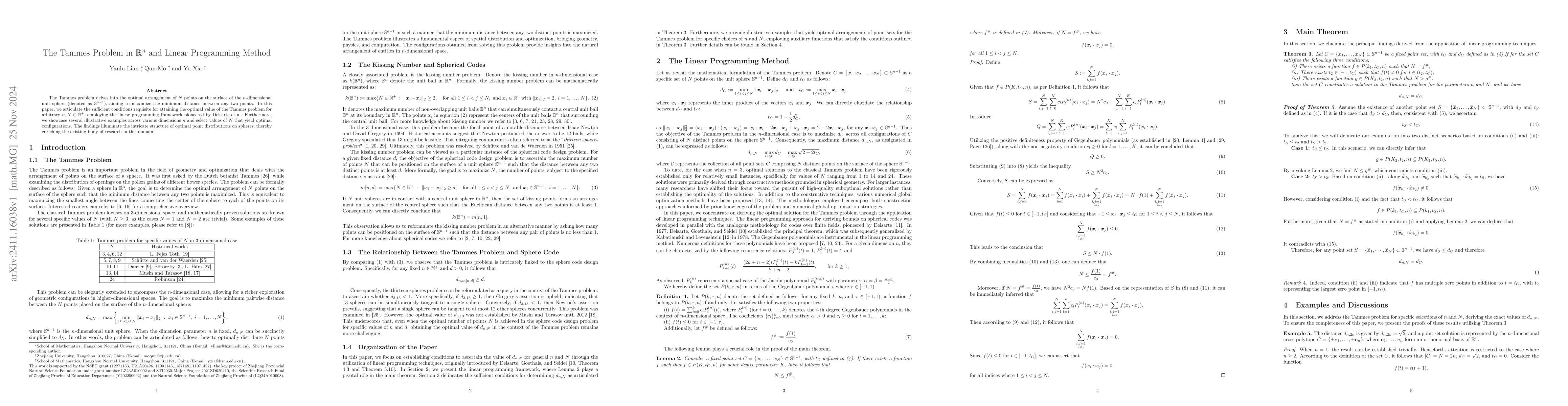 Thumbnail for The Tammes Problem in $\mathbb{R}^{n}$ and Linear Programming Method