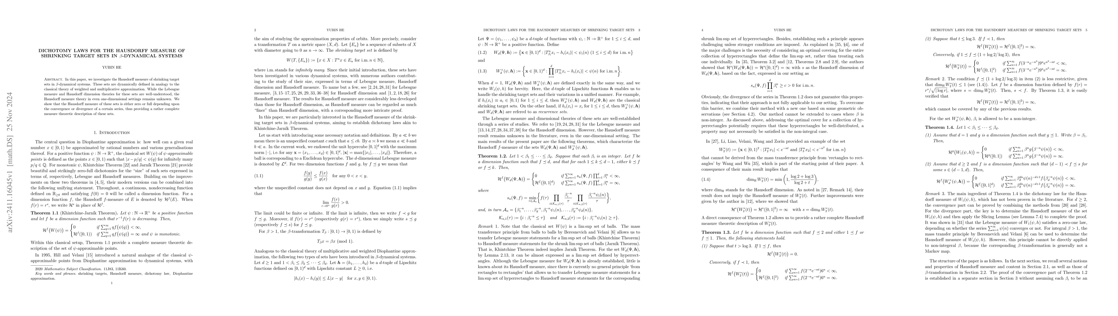 Thumbnail for Dichotomy laws for the Hausdorff measure of shrinking target sets in
  $β$-dynamical systems
