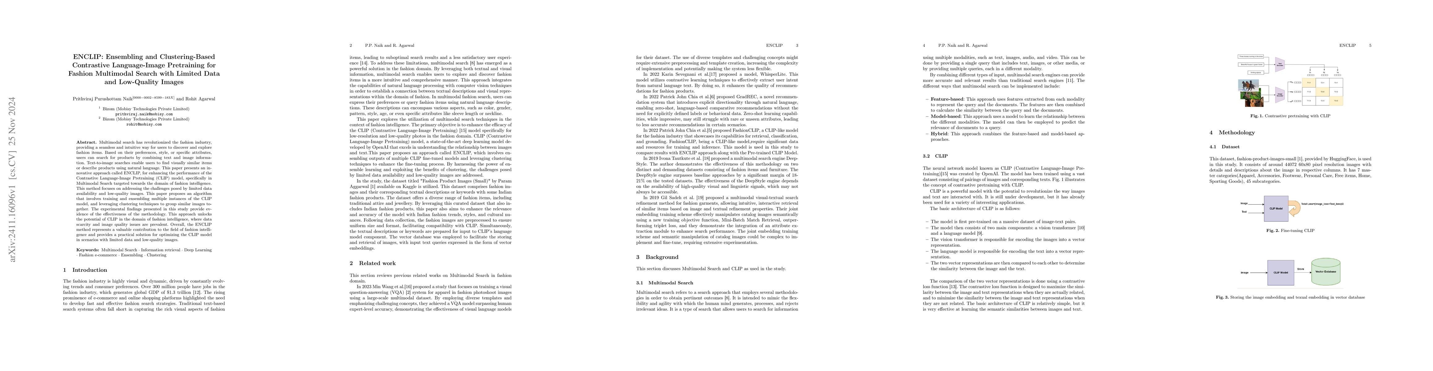 Thumbnail for ENCLIP: Ensembling and Clustering-Based Contrastive Language-Image
  Pretraining for Fashion Multimodal Search with Limited Data and Low-Quality
  Images