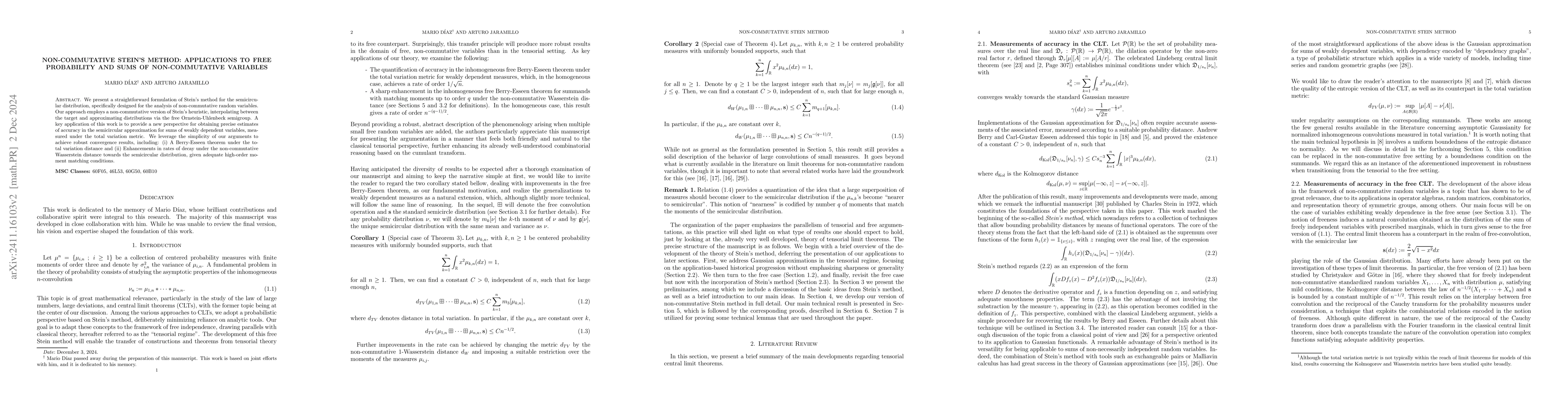 Thumbnail for Non-commutative Stein's Method: Applications to Free Probability and
  Sums of Non-commutative Variables