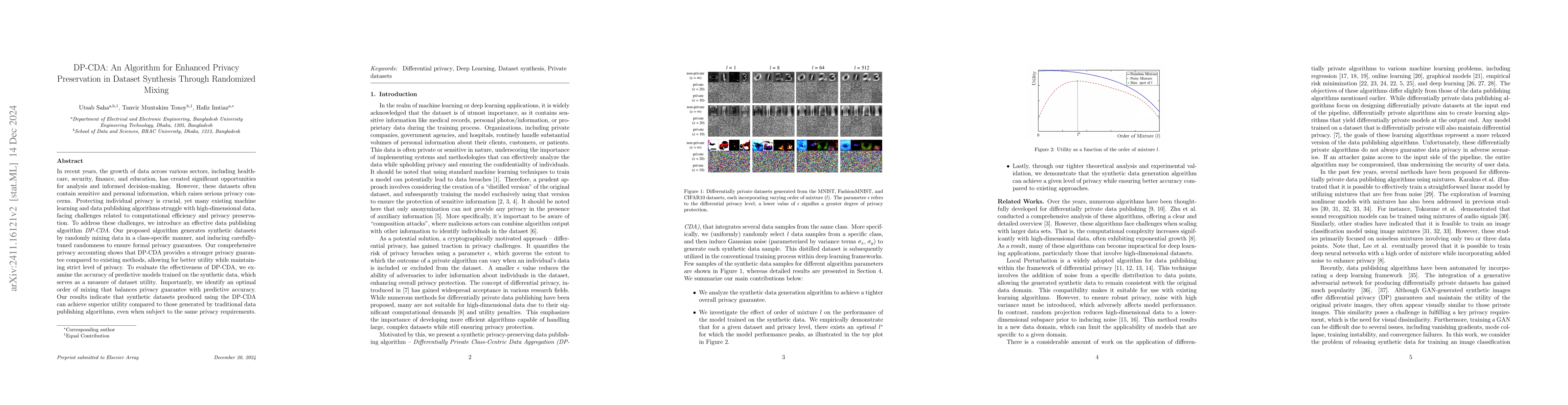 Thumbnail for DP-CDA: An Algorithm for Enhanced Privacy Preservation in Dataset
  Synthesis Through Randomized Mixing
