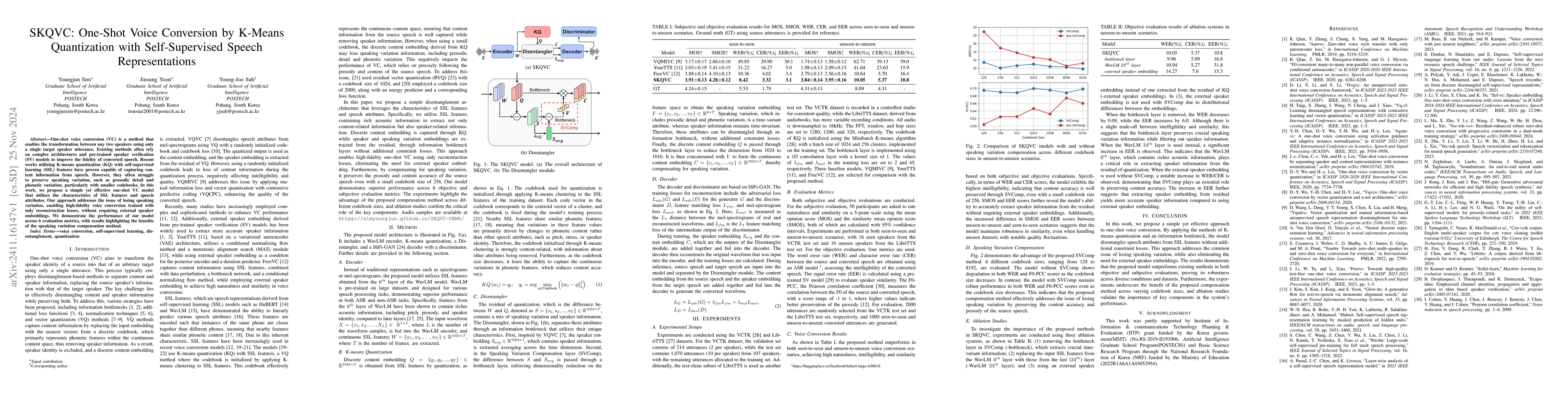 Thumbnail for SKQVC: One-Shot Voice Conversion by K-Means Quantization with
  Self-Supervised Speech Representations