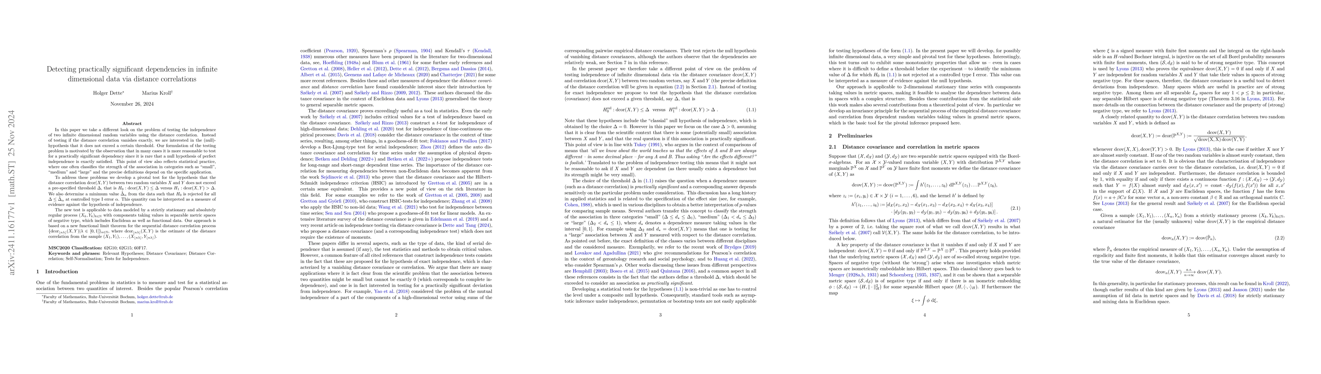 Thumbnail for Detecting practically significant dependencies in infinite dimensional
  data via distance correlations