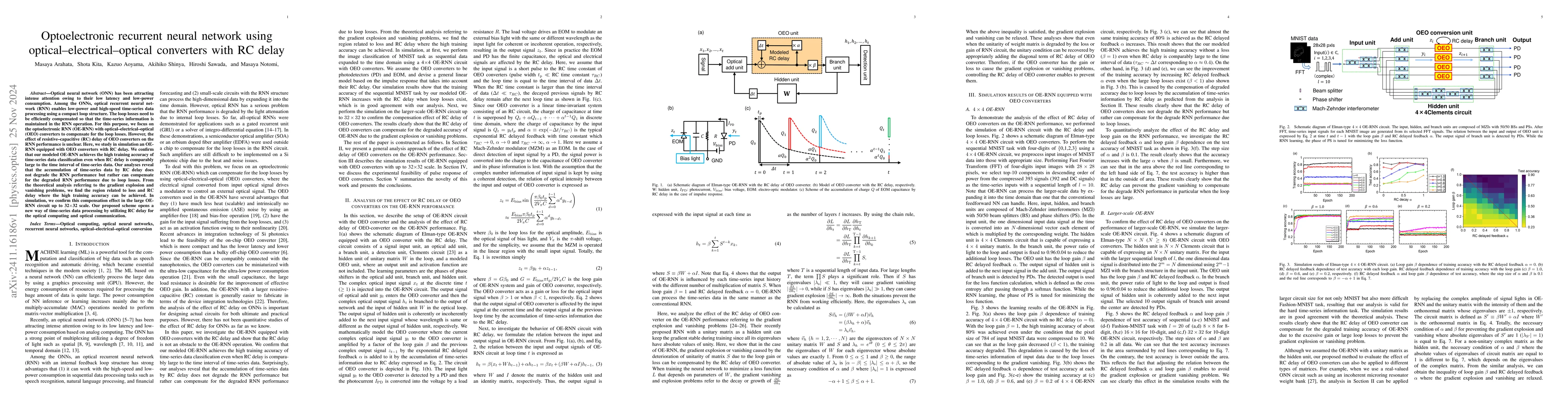 Thumbnail for Optoelectronic recurrent neural network using optical-electrical-optical
  converters with RC delay