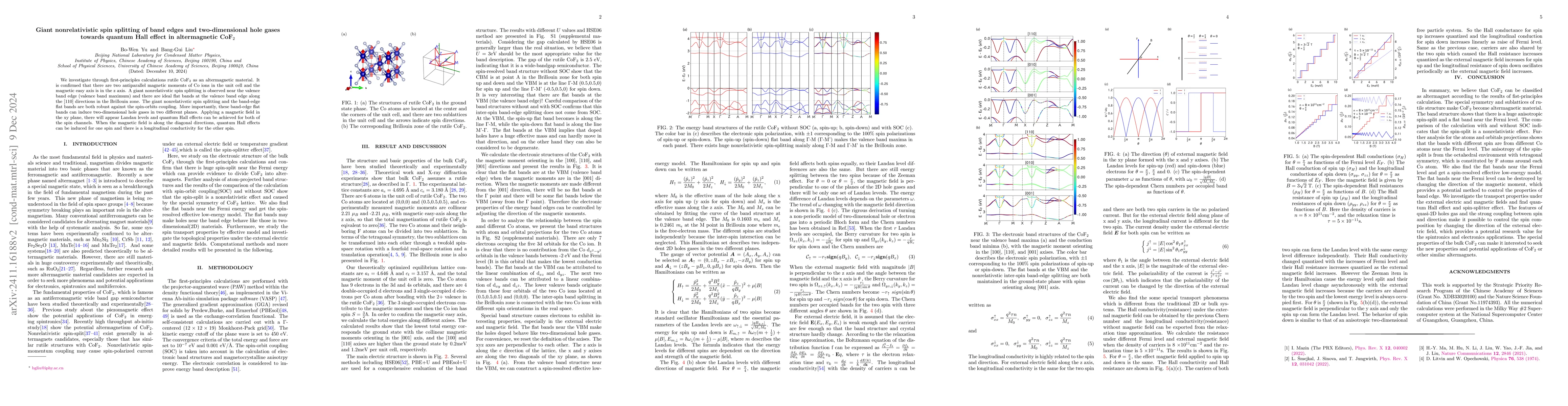 Thumbnail for Giant nonrelativistic spin splitting of band edges and two-dimensional
  hole gases towards quantum Hall effect in altermagnetic CoF$_2$