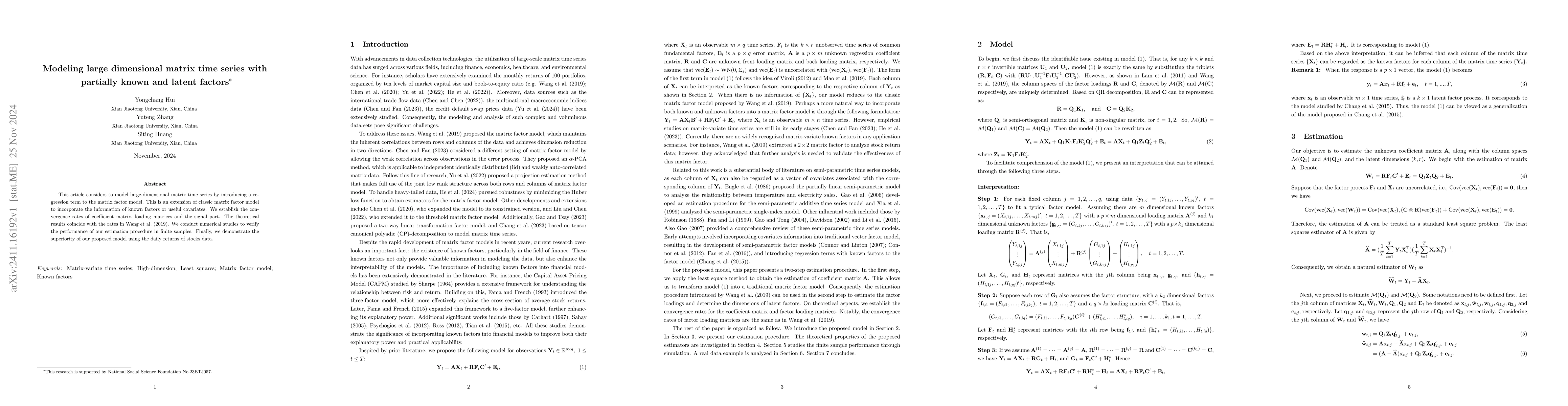 Thumbnail for Modeling large dimensional matrix time series with partially known and
  latent factors