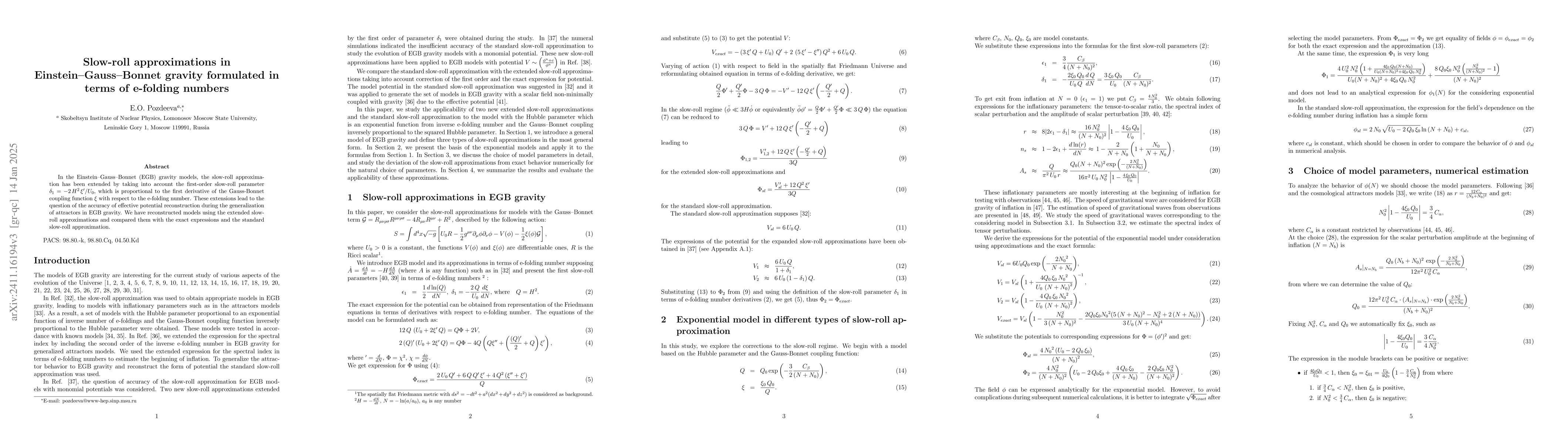 Thumbnail for Slow-roll approximations in Einstein--Gauss--Bonnet gravity formulated
  in terms of e-folding numbers