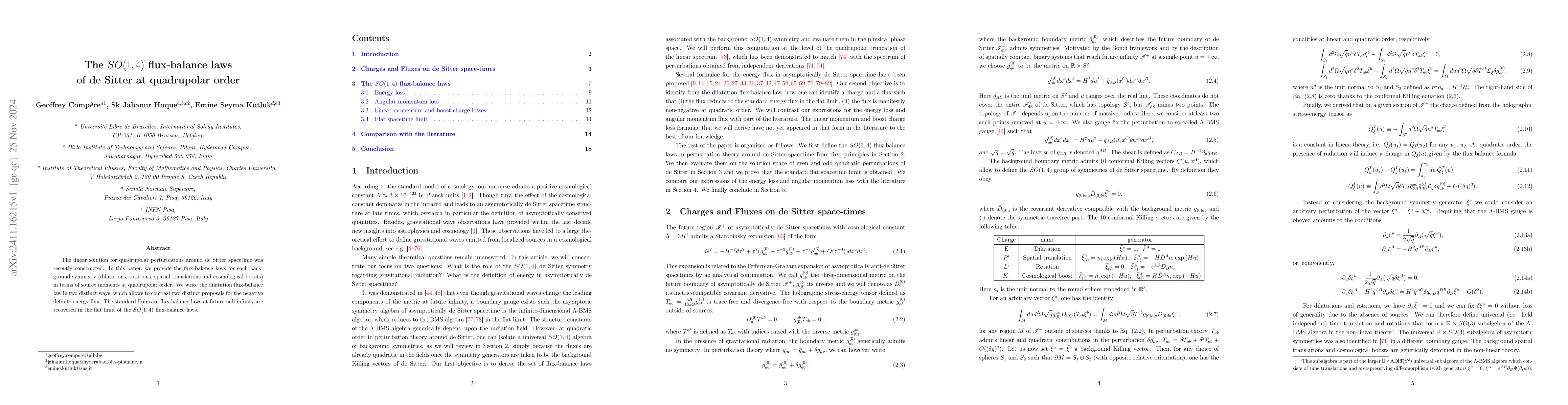 Thumbnail for The $SO(1,4)$ flux-balance laws of de Sitter at quadrupolar order