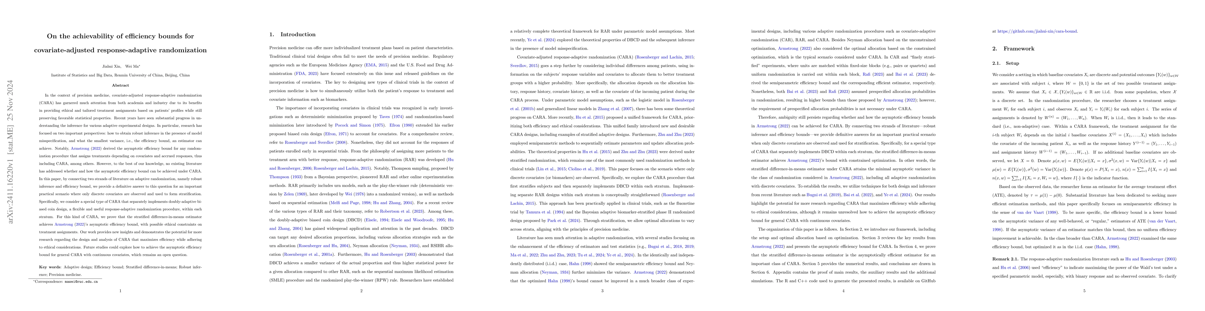 Thumbnail for On the achievability of efficiency bounds for covariate-adjusted
  response-adaptive randomization