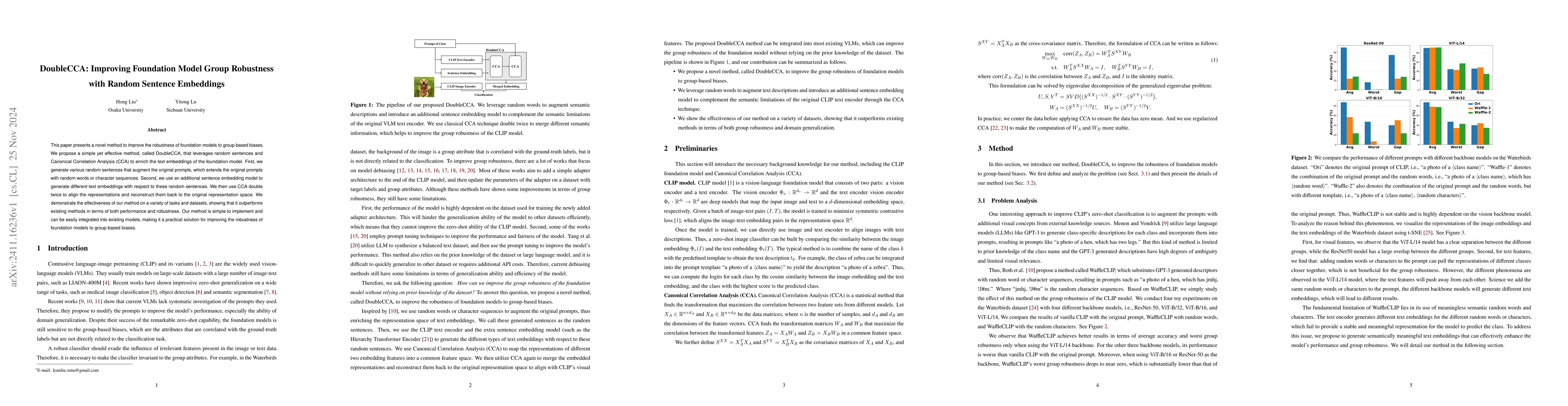 Thumbnail for DoubleCCA: Improving Foundation Model Group Robustness with Random
  Sentence Embeddings