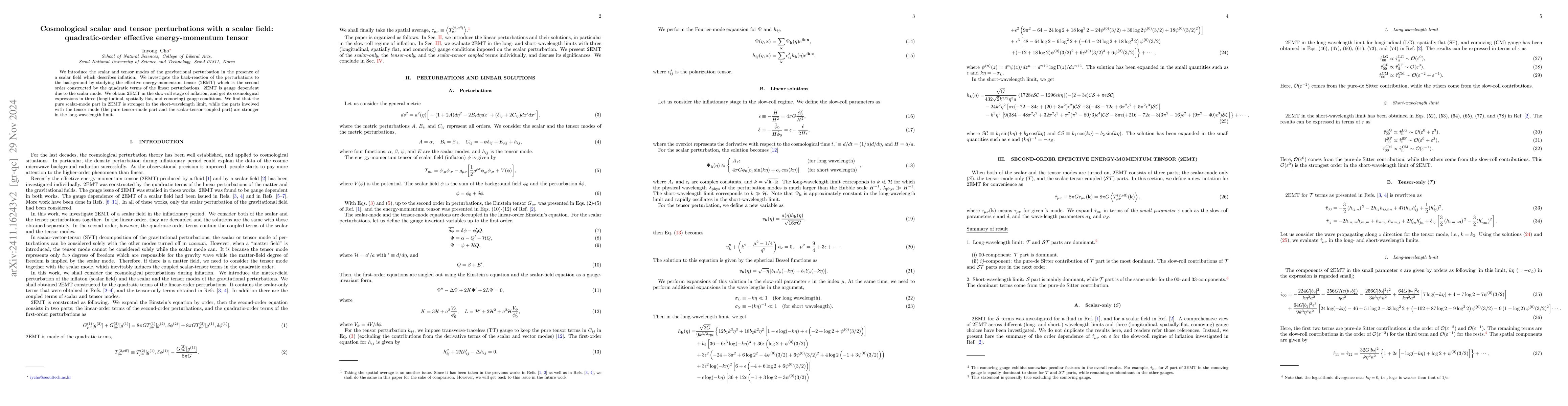 Thumbnail for Cosmological scalar and tensor perturbations with a scalar field:
  quadratic-order effective energy-momentum tensor