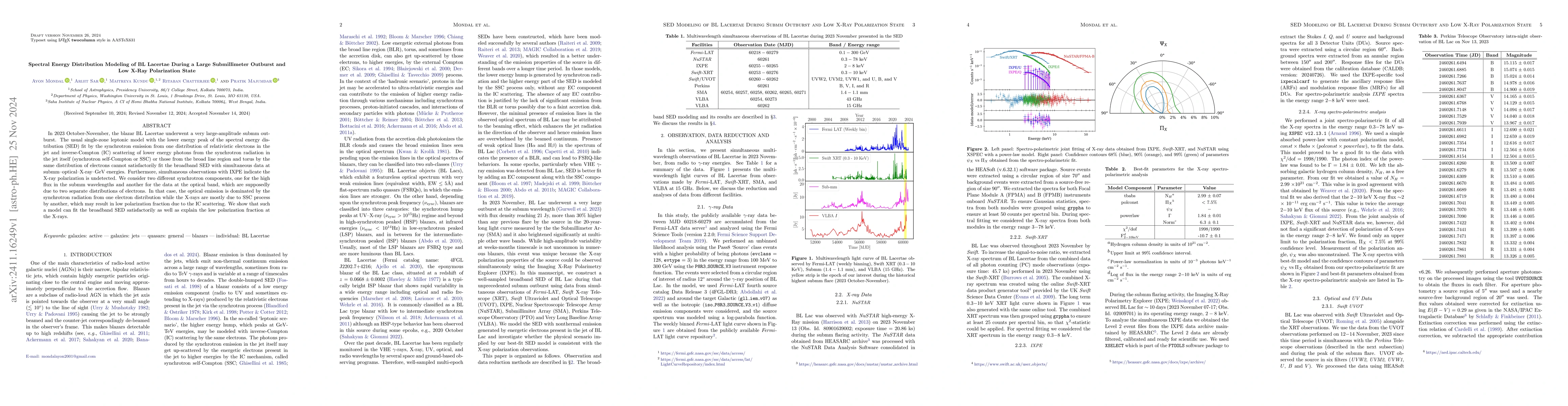 Thumbnail for Spectral Energy Distribution Modeling of BL Lacertae During a Large
  Submillimeter Outburst and Low X-Ray Polarization State