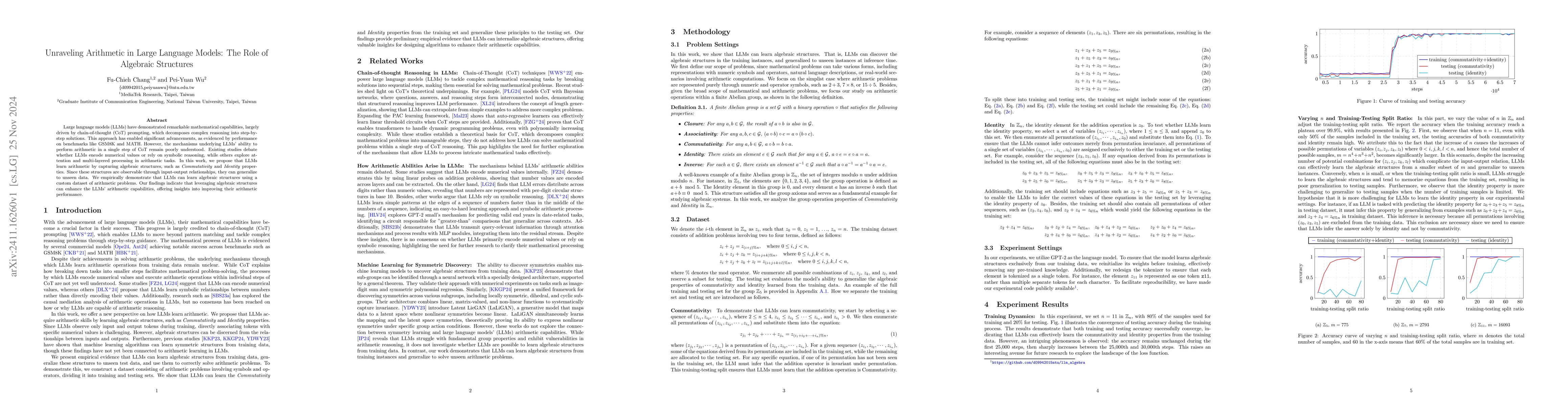 Thumbnail for Unraveling Arithmetic in Large Language Models: The Role of Algebraic
  Structures