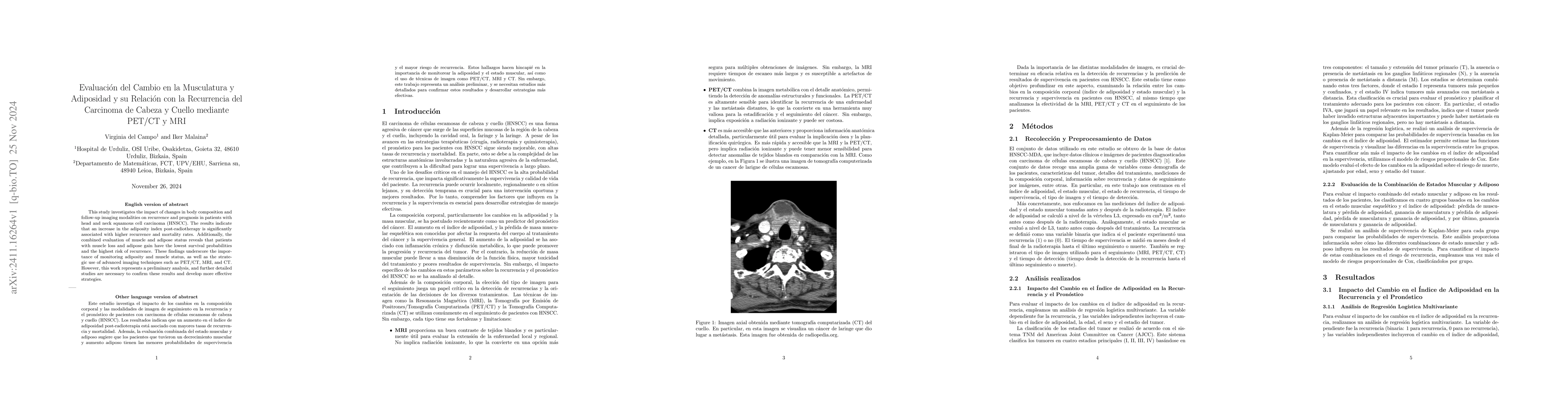 Thumbnail for Evaluación del Cambio en la Musculatura y Adiposidad y su Relación
  con la Recurrencia del Carcinoma de Cabeza y Cuello mediante PET/CT y MRI
