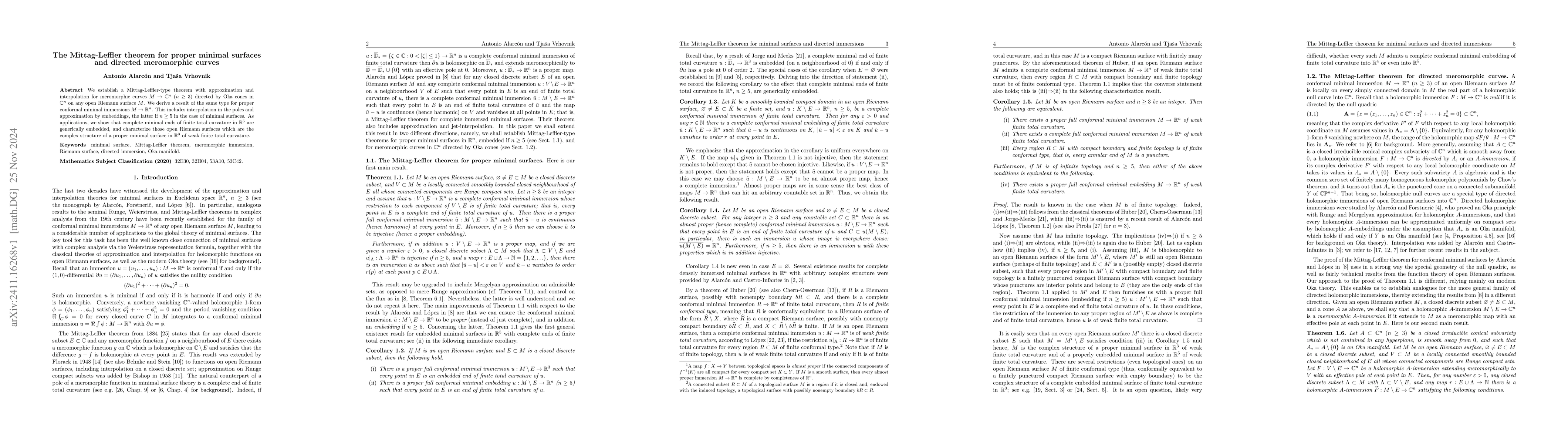 Thumbnail for The Mittag-Leffler theorem for proper minimal surfaces and directed
  meromorphic curves