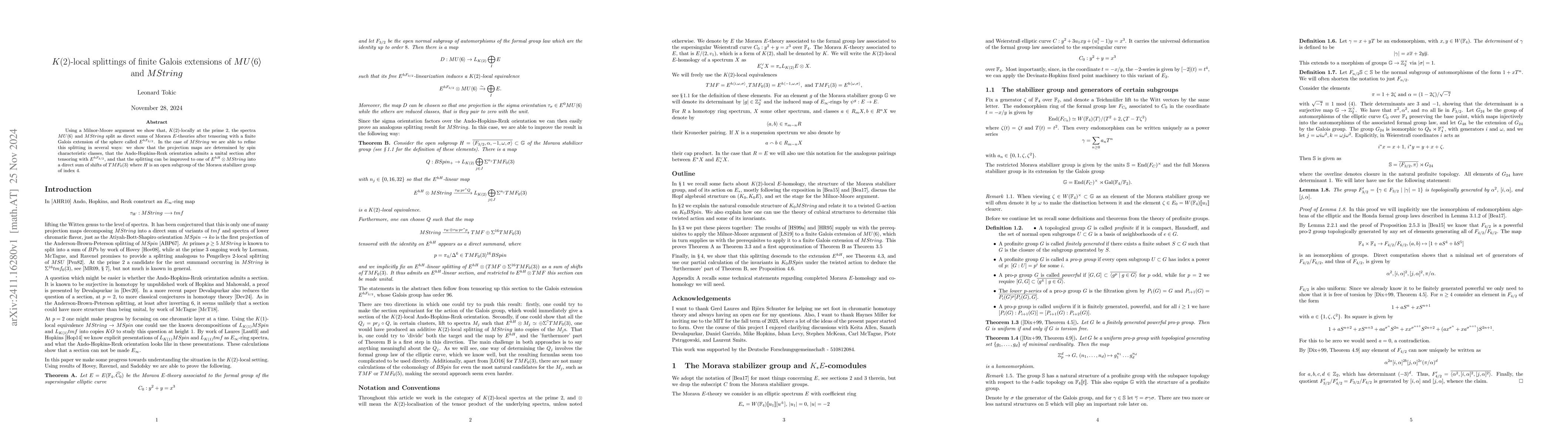 Thumbnail for $K(2)$-local splittings of finite Galois extensions of
  $MU\langle6\rangle$ and $MString$