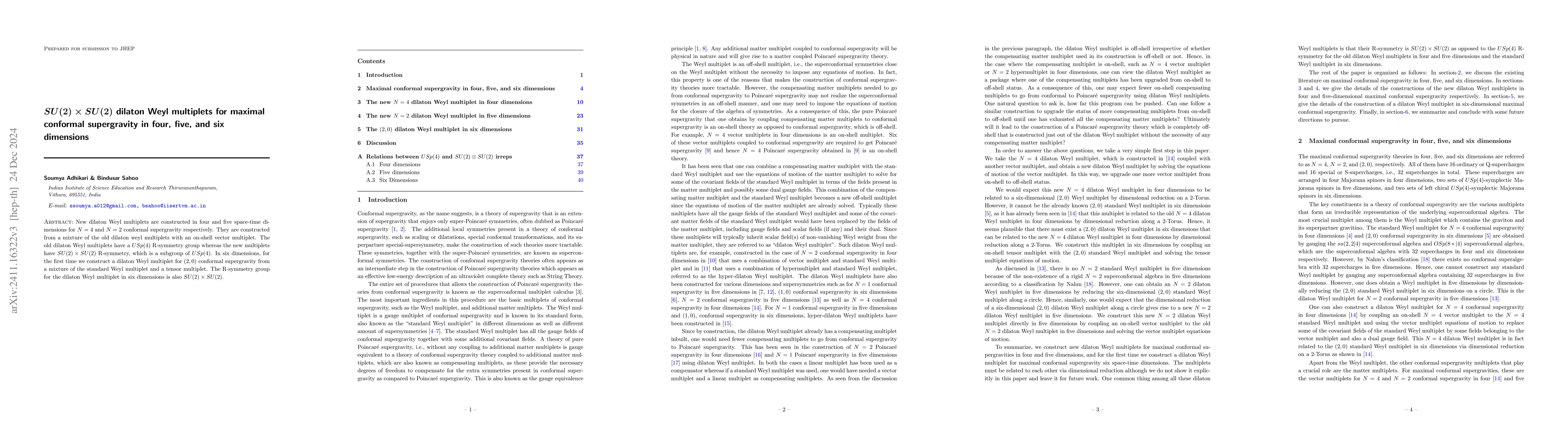 Thumbnail for $SU(2)\times SU(2)$ dilaton Weyl multiplets for maximal conformal
  supergravity in four, five, and six dimensions