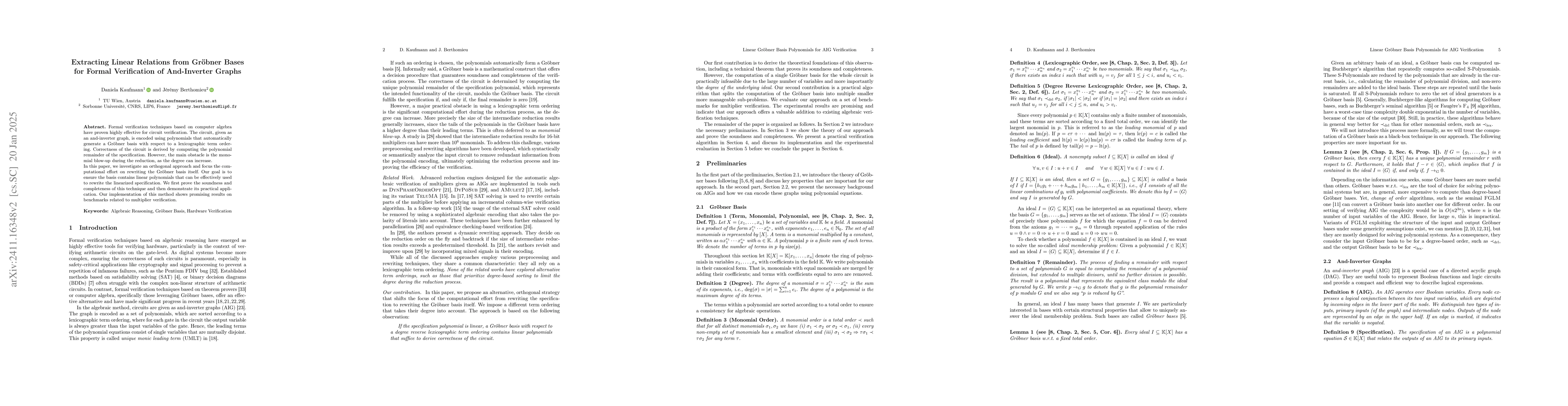 Thumbnail for Extracting Linear Relations from Gröbner Bases for Formal Verification
  of And-Inverter Graphs