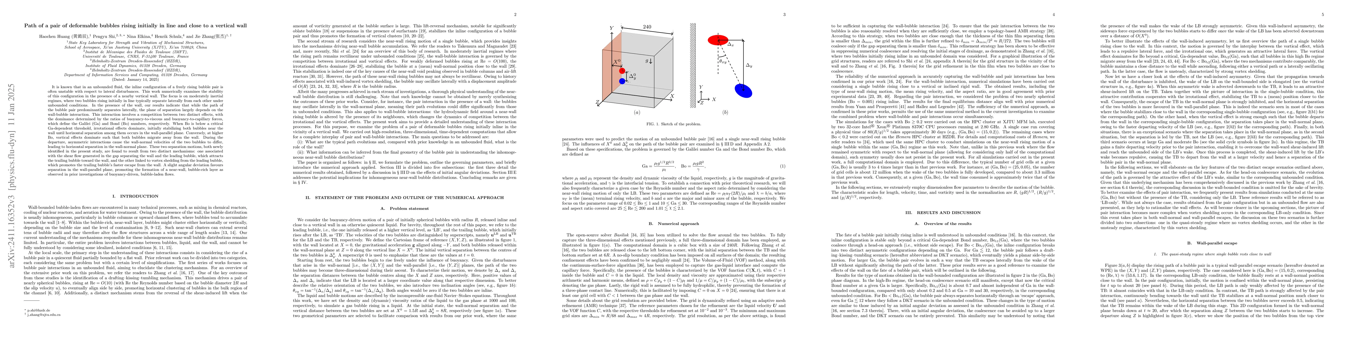 Thumbnail for Path of a pair of deformable bubbles rising initially in line and close
  to a vertical wall