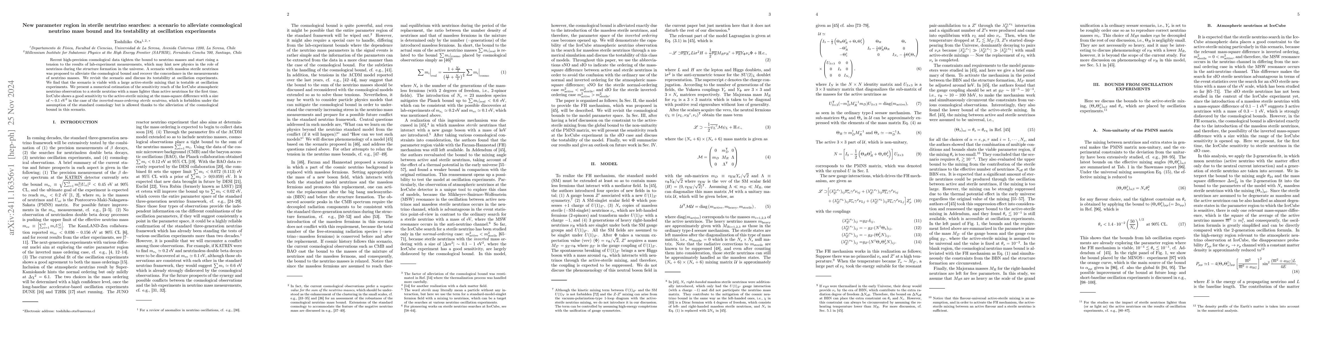 Thumbnail for New parameter region in sterile neutrino searches: a scenario to
  alleviate cosmological neutrino mass bound and its testability at oscillation
  experiments