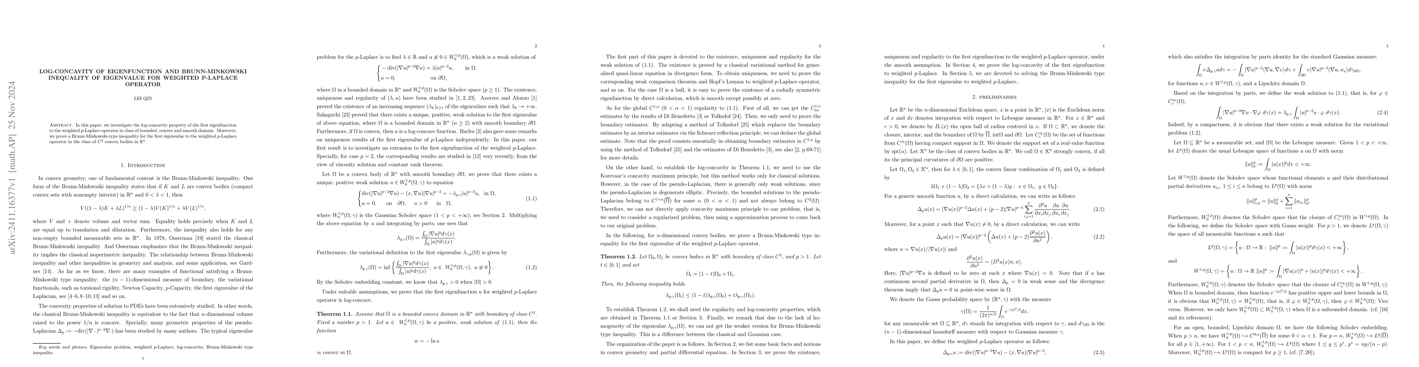 Thumbnail for log-concavity of eigenfunction and Brunn-Minkowski inequality of
  eigenvalue for weighted p-Laplace operator